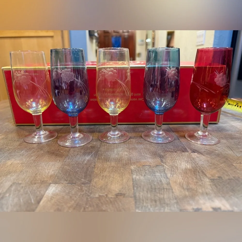5” Etched Floral Colored Small Stemmed Glasses - Set of 5 Blue, Yellow, Red